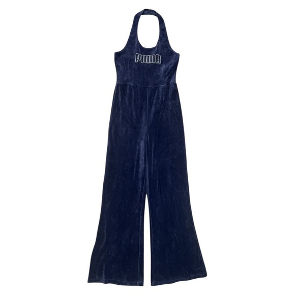 Puma Womens Icons‎ 2.0 Velvet Halter Flare Leg Jumpsuit Navy XS Sporty Spice Y2K - Picture 1 of 10